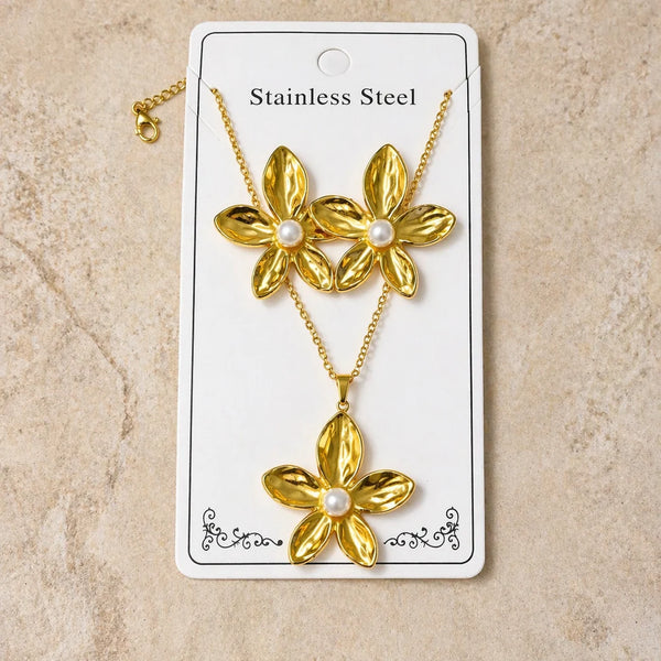 Gold Flower & Pearl Jewellery Set NVR-0443