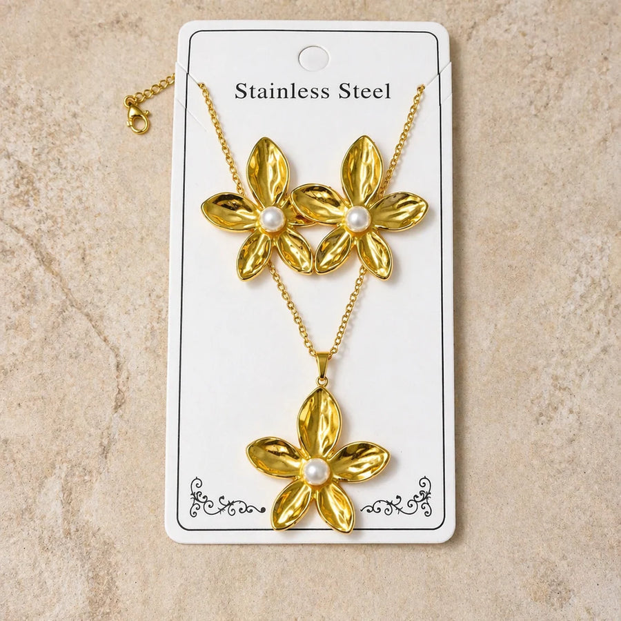 Gold Flower & Pearl Jewellery Set NVR-0443