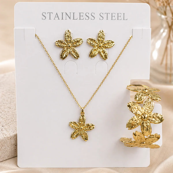Gold Textured Flower Jewellery Set NVR-0445