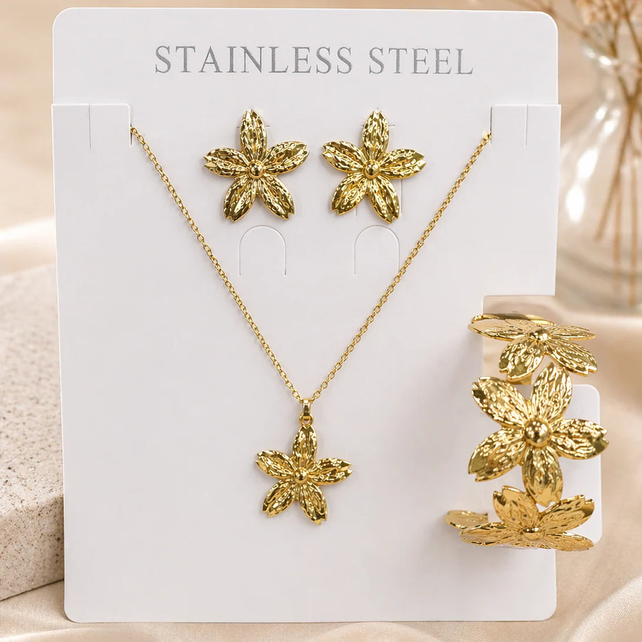 Gold Textured Flower Jewellery Set NVR-0445