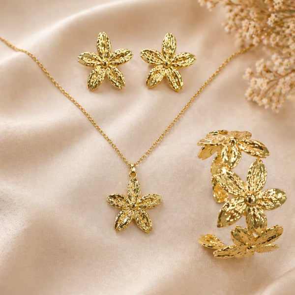 Gold Textured Flower Jewellery Set NVR-0445