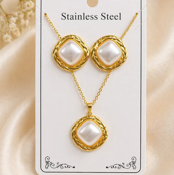 Gold Pearl Square Jewellery Set NVR-0448