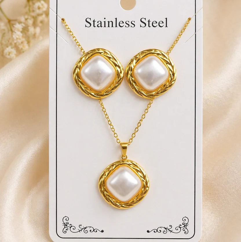 Gold Pearl Square Jewellery Set NVR-0448