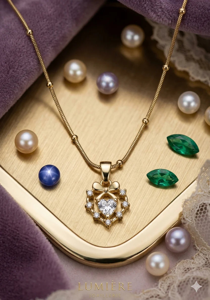 Gold Bow & Heart Garland Necklace NVR-0482