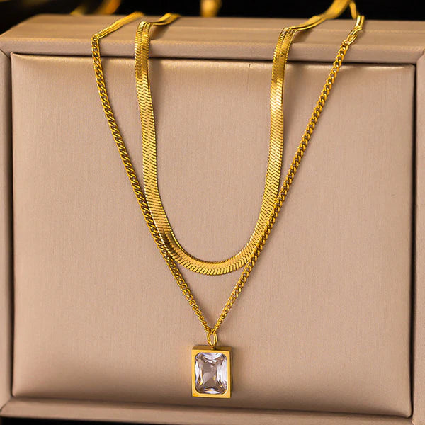 Emerald-Cut Crystal Layered Necklace NVR-0488