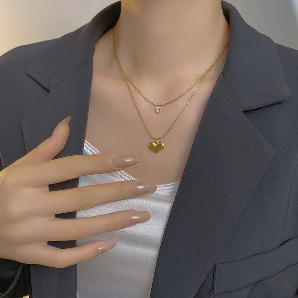 Layered Heart & Solitaire Necklace NVR-0489