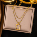 Gold Wavy Square Pendant Layered Necklace NVR-0491