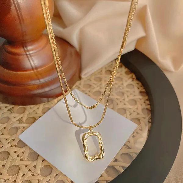 Gold Wavy Square Pendant Layered Necklace NVR-0491
