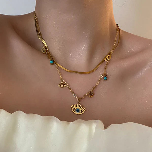 Moonlit & Protected Evil Eye Charm Layered Necklace NVR-0497