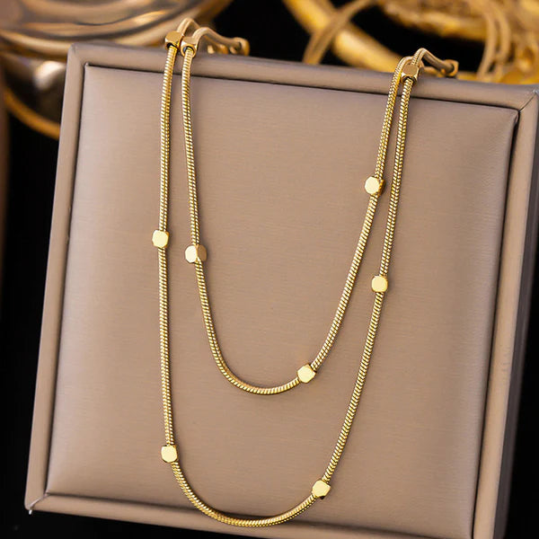 Golden Silence Double Layer Snake & Bead Chain Necklace NVR-0499