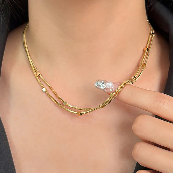 Golden Silence Double Layer Snake & Bead Chain Necklace NVR-0499