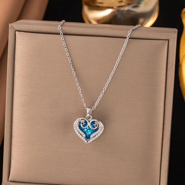 Heaven Sent Blue Crystal Angel Wing Heart Necklace NVR-0500