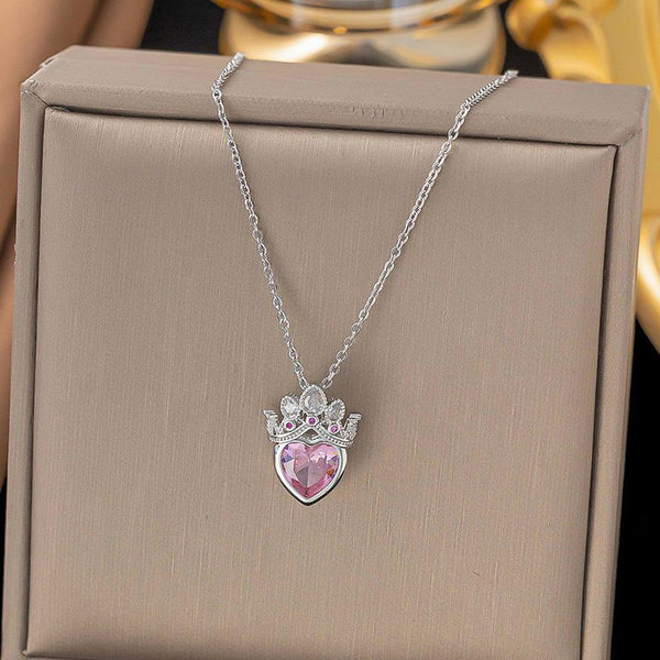Her Crown, Her Heart — Silver Pink Crystal Crown Heart Necklace NVR-0501