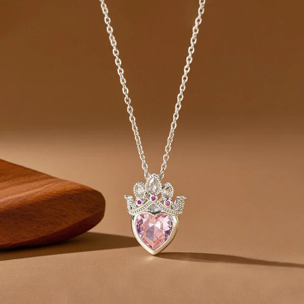 Her Crown, Her Heart — Silver Pink Crystal Crown Heart Necklace NVR-0501