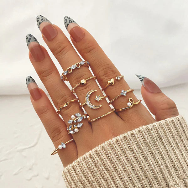 Soft Like Moonlight — Gold Moon Crystal Delicate Stack Ring Set NVR-0513