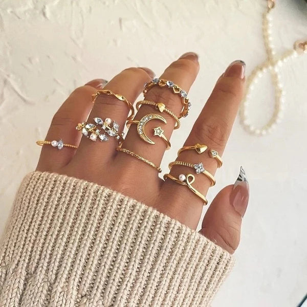 Soft Like Moonlight — Gold Moon Crystal Delicate Stack Ring Set NVR-0513