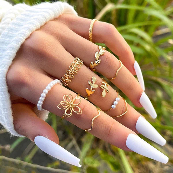 Garden of Gold — Butterfly Leaf & Pearl Stack Ring Set NVR-0514