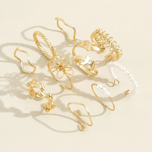 Garden of Gold — Butterfly Leaf & Pearl Stack Ring Set NVR-0514