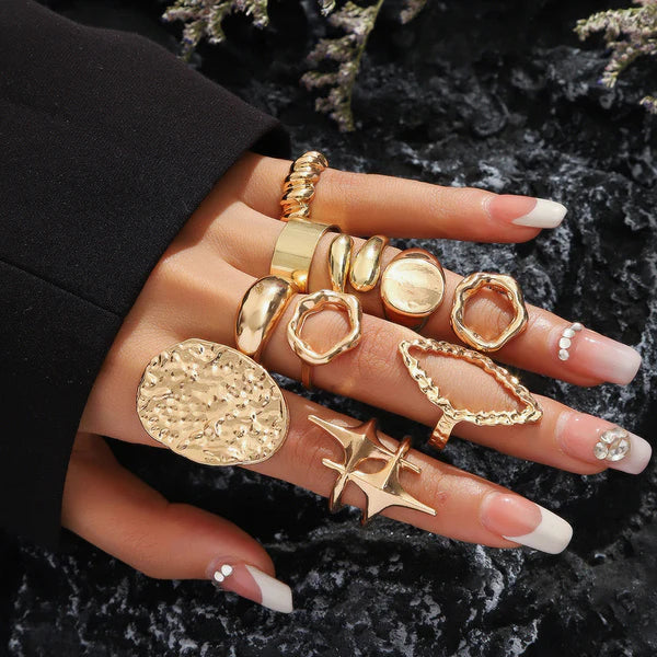 Liquid Gold Sculptures — Bold Hammered Sculptural Ring Set NVR-0516