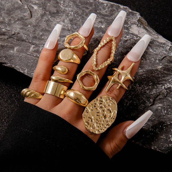 Liquid Gold Sculptures — Bold Hammered Sculptural Ring Set NVR-0516