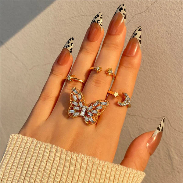 Midnight Garden — Crystal Butterfly Star & Moon Ring Set NVR-0519