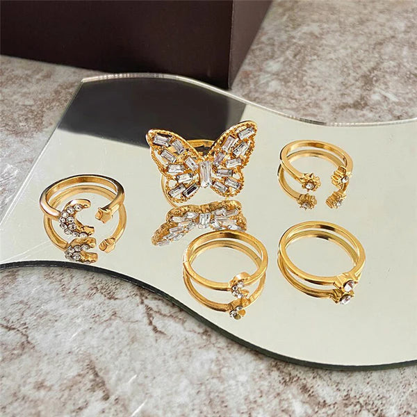 Midnight Garden — Crystal Butterfly Star & Moon Ring Set NVR-0519