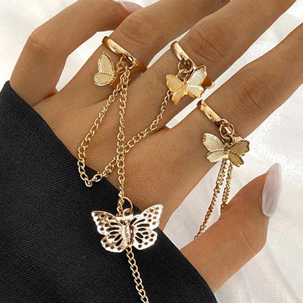 Free Like a Butterfly — Gold Chain Connected Butterfly Ring Set NVR-0525