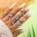 Venom & Velvet — Silver Pink Snake & Heart Crystal Ring Set NVR-0526