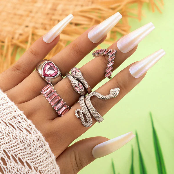 Venom & Velvet — Silver Pink Snake & Heart Crystal Ring Set NVR-0526