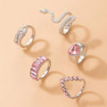 Venom & Velvet — Silver Pink Snake & Heart Crystal Ring Set NVR-0526