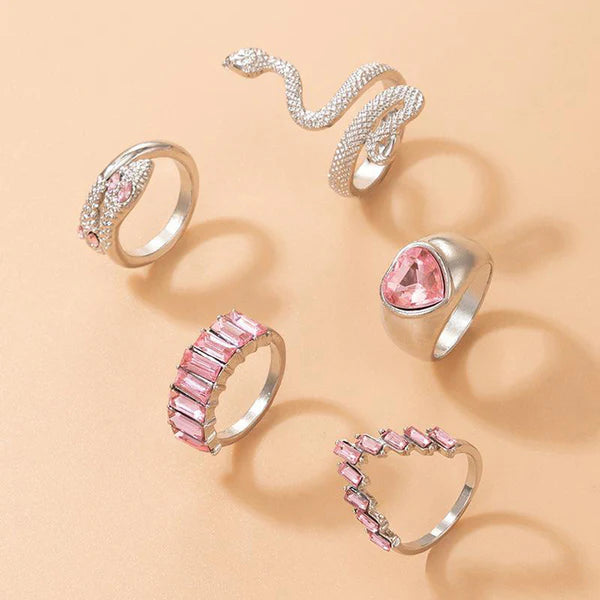 Venom & Velvet — Silver Pink Snake & Heart Crystal Ring Set NVR-0526