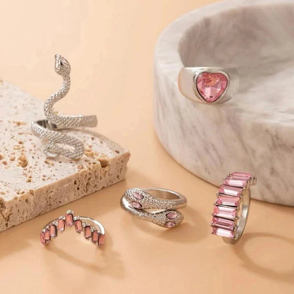 Venom & Velvet — Silver Pink Snake & Heart Crystal Ring Set NVR-0526