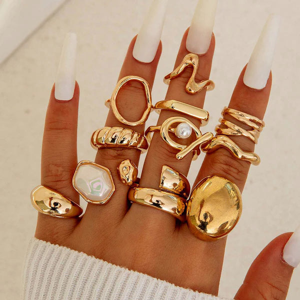 Liquid Gold Dreams — Molten Pearl & Wave Sculptural Ring Set NVR-0528