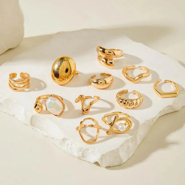Liquid Gold Dreams — Molten Pearl & Wave Sculptural Ring Set NVR-0528