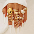 Liquid Gold Dreams — Molten Pearl & Wave Sculptural Ring Set NVR-0528